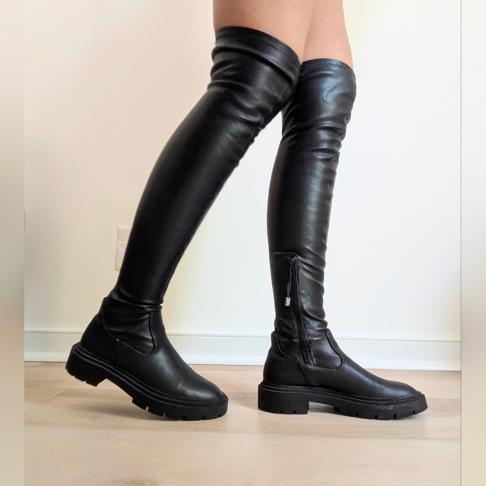 Black Leather Thigh High Platform Boots